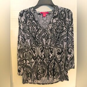 CATHERINE MALANDRINO BOHO BLACK AND WHITE TOP BLOUSE LARGE
